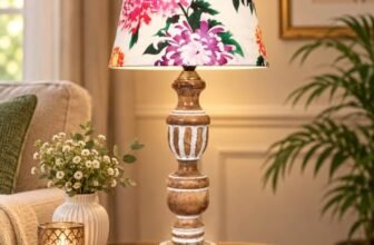 tu casa Wooden Table Lamp | Premium Floral Satin Shade | Solid Wooden Base | Modern Home Décor | Ambient Bedside Lighting | Bedroom, Living Room, Study Table, Office & Festival Gifting
