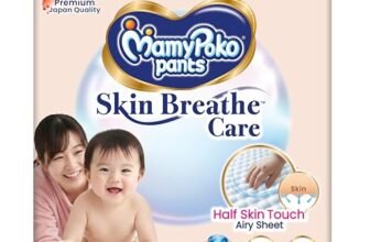 MamyPoko Pants Skin Breathe Care | Baby Diapers Medium Size (M) | 210 Count | 7-12Kgs | Half Skin Touch Airy Sheet | 3X Breathable | Derma Tested