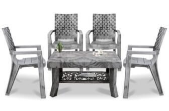 MAHARAJA Luxury Plastic Armchair & Table Set | Heavy-Duty & Sleek Design for Every Space (Silver, 4 Chair+1 Table)