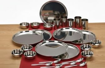 E – Ezra 36 Pieces Stainless Steel Dinnerware/Dinner Set – 6 Thali, 6 D.Plate, 12 Bowl, 6 Glass, 6 Spoon, Kitchen Set for Home & Restaurants, Family – Silver Dinnerware Set
