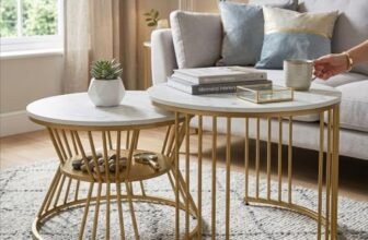 Amazon Brand – Solimo Nature Haven Round Nesting Coffee Table Set of 2 | Marble Veneer Top with Metal Frame | Golden White | L 51.5 x W 51.5 x H 41.5 cm and L 46 x W 46 x H 36 cm