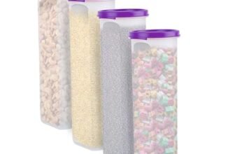 SIMPARTE Smart Slim Storage 1.1 Litre (Set of 4) Air-Tight Plastic Round Modular Container – for Spaghetti Pasta, Juice, Snacks Stackable, BPA Free (1100ML) – (Purple)