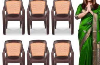 MAHARAJA Luxury Plastic Chair | Heavy Duty | Arm Rest | Bearing Capacity Upto 200Kg Plastic Outdoor Chair (Orange, Pack of 6)