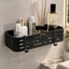 Plantex Self Adhesive Shelf for Bathroom Wall/Aluminium Kitchen Rack Adhesive with Removable Hooks & Magic Stickers/Bathroom Organiser Without Drill (12×5 inches, Matt Black)
