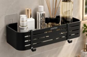 Plantex Self Adhesive Shelf for Bathroom Wall/Aluminium Kitchen Rack Adhesive with Removable Hooks & Magic Stickers/Bathroom Organiser Without Drill (12×5 inches, Matt Black)