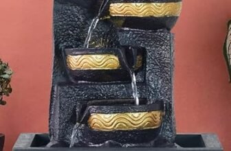 CHRONIKLE Polyresin Tabletop Chocolate Color Designer Indoor 4 Diya Steps Waterfall Fountain for Home Decor with Yellow LED Light & Speed Controller Pump (Size: 38 x 29.5 x 22CM | Wt: 2000grm)