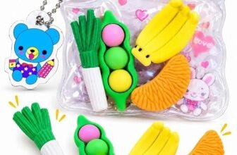 KALRA MAGIC Kids Cute Food Shape Eraser Set, Banana Croissant Pea Pod & Scallion Novelty Pencil Erasers with Cartoon Bear Keychain Charm, Fun School Stationery, Return Gifts for Children