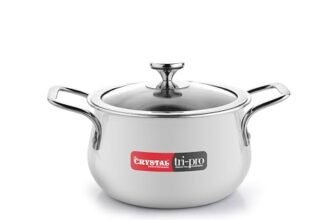 Crystal Trival Triply Stainless Steel Stock Pot | 3 Liters with Glass Lid | Biryani Pot, Handi Shaped/Casserole | Weight-1.7 kg | Induction Friendly | 100% Toxin-Free | Healthy Cooking, Less Oil Use