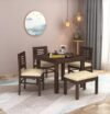 MAMTA Decoration Sheesham Wood 4 Seater Dining Table with 3 Cushioned Chairs & 1 Bench Wooden Dining Set for Home Living Room (Walnut Finish)