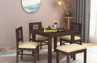 MAMTA Decoration Sheesham Wood 4 Seater Dining Table with 3 Cushioned Chairs & 1 Bench Wooden Dining Set for Home Living Room (Walnut Finish)