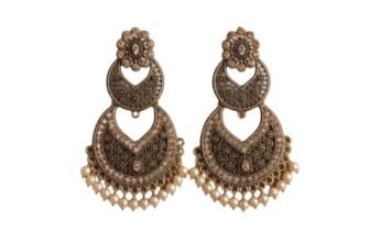 MUMMACARE Traditional Chandbali Earrings, Antique Gold and Oxidised Silver, Floral Stud, Pearl Drops, Ethnic Indian Jewellery (Antique Gold)