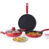 Wonderchef Milano Non-stick Cookware 4 Pc Set | Dosa Tawa, Fry Pan, Kadhai for cutlets, curries, dosas | PFOA Free | Virgin Aluminium | Energy Efficient | Dishwasher Safe | 2-year Warranty | Red&Black