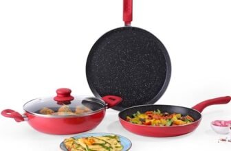 Wonderchef Milano Non-stick Cookware 4 Pc Set | Dosa Tawa, Fry Pan, Kadhai for cutlets, curries, dosas | PFOA Free | Virgin Aluminium | Energy Efficient | Dishwasher Safe | 2-year Warranty | Red&Black