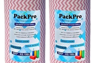 PackPro Non-Woven Kitchen Towel Roll | Red | 160 Pulls | 80 Pulls x 2 Rolls | Washable, Eco-Friendly, Disposable Cleaning Towels for Home, Office, and Kitchen Use | Soft & Highly Absorbent