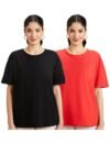 Amazon Brand – Symbol Women’s Cotton Stretch Oversized Fit Round Neck Half Sleeve T-Shirt (Combo Pack of 2) (TS-8 Cont_Black & RED_S)