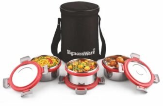 Signoraware Meal Mate Steel Small Lunch Box+Bag (350mlx3, Red)
