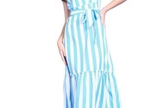POPWINGS Women Casual Sky Blue & White Stripe Long Belt Dress Dress | Stylish Dress | Trendy Dress