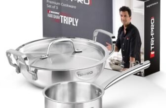 TriPro Triply Stainless Steel 3 Pcs Cookware Set – 24cm (3L) Indian Wok/Kadai with Lid and 16cm (1.7L) Teapan, Event Heating, Consumes Less Oil, Healthy Cooking – Induction and Gas Stove Ready