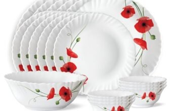Larah by BOROSIL Red Carnations Opalware Dinner Set (White) – 19-Pieces