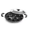 CELLO Aluminium Nonstick 12 Cavity Appam Patra Pan Maker with Steel Lid, Black | 2 Side Riveted Handle, Gas Stove Compatible Die-Cast Mini Uttappa Paniyarakkal Cup Cake Frying Pan Kadhai for Kitchen