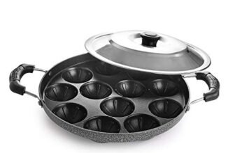 CELLO Aluminium Nonstick 12 Cavity Appam Patra Pan Maker with Steel Lid, Black | 2 Side Riveted Handle, Gas Stove Compatible Die-Cast Mini Uttappa Paniyarakkal Cup Cake Frying Pan Kadhai for Kitchen
