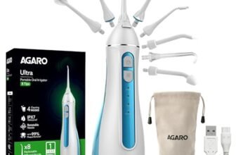 AGARO Ultra Plus Portable Dental Flosser: 8 nozzles, 4 modes, cordless, rechargeable, IPX7 waterproof, 200ml tank. Ideal for home/travel oral care.
