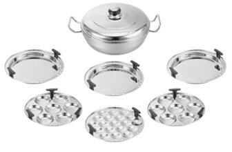 Amazon Basics Stainless Steel Deluxe Multi Kadai with 6 Plates | 2 Idli, 2 Dhokla, 1 Patra & 1 Mini Idli Plate | Dhokla & Momos Steamer | Induction & Gas Compatible | Mirror Finish