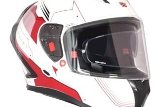 Royal Enfield SPEEDX Full FACE Blitz with Sun Visor & aerodynamic Spoiler | Certification: ISI & DOT |Liner: Dual EPS Expanded Polystyrene| UV Treated Surface | Polygiene Fabric White &RED (L) 60 CM