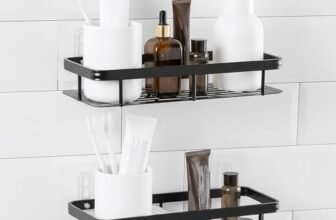 Amazon Basics Self-Adhesive Aluminium Bathroom Wall Shelf | Water-Resistant | Pack of 2 | Tool-Free Installation | Black | 30D x 13W x 5.5H cm