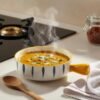 Amazon Basics Ceramic Snack Bowl with Handle | White & Blue Serving Bowl with Yellow Handle | Microwave & Dishwasher Safe Big Bowl Perfect for Snacks, Noodles, Salads, Soup, Baking (700ml)