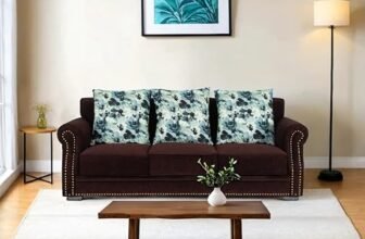 Peachtree Alton 3 Seater Sofa with Velvet Printed 3 Pillows for Living Room, Mango Wooden Frame & Iron Leg| Malfino Fabric Sofa for Dining Room, Hall, 3 Year Warranty | Padded Armstyle (Dark Brown)
