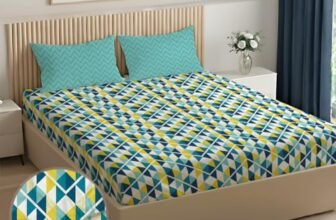 Livspace Bedsheet for Double Bed Queen Size | 78 x 60 Inches Queen Size Bedsheet with Elastic Fitted with 2 Pillow Covers | 100% Cotton, 144 TC Soft & Breathable | Pure Nest by Bello (Tasello Teal)