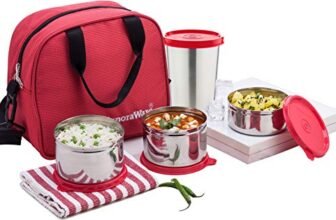 Signoraware Sling Stainless Steel Lunch Box with Steel tumbler (500ml, 500ml, 350ml, 370ml, Red) – Set of 4