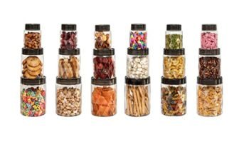 CELLO Diamond Pet Storage Container for Kitchen Set of 18 Pcs Black | 6x300ml, 6x650ml, 6x1200ml Freezer & Fridge Safe Stackable Airtight Kitchen Storage Container Jar Set for Candy Beans Flour Pastry
