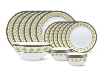 Larah by Borosil Amber Kohinoor Series Opalware Dinner Set | 19 Pcs for Family of 6 | Microwave & Dishwasher Safe | Bone-Ash Free | Crockery Set for Dining & Gifting | Plates & Bowls | White