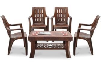 MAHARAJA Classic Plastic Table & Chair Set | Elegant Design, Sturdy Build | Perfect for Home, Office & Garden Use (Teakwood, 4 Chair+1 Table)