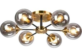 Sputnik Chandelier, 6 Light Golden Black Modern Hanging Light For Home Decor Living Room Cafe Restaurant chandelier Lamp Antique Brass Gold Black, Smoke Grey Glass with LED Bulb, for Room Dining Table