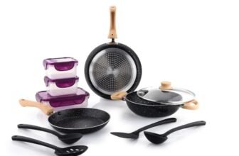 Crystal Aluminum 11 Pcs Non Stick Cookware Set with Induction Bottom | Tawa, Fry Pan, Kadhai with Lid, 4 Serving Spoons, 3 Containers | 4 Layer Non Stick Coating | PFOA Free | Black