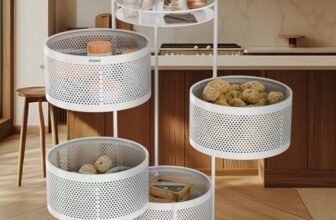 Amazon Brand – Solimo 360° Revolving Preassembled Portable 4 Layer Round Multipurpose Storage Kitchen Rack Carbon Steel Fruit Vegetable & Spice Trolley with Wheels for Kitchen Organizer(Matte, White)