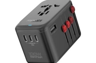 Promate Travel Adapter, Universal GaN Charge Adapter with 2000W AC Socket, 100W Four USB-C Power Delivery Ports, QC 3.0 Port, Auto-Resetting Fuse and Surge Protect for iPhone 15,TripMate-GaN100