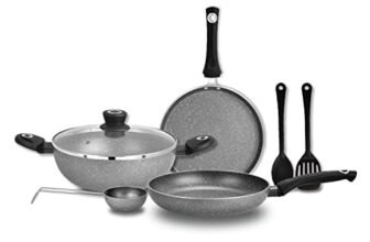 BERGNER Aluminium Bellini Marble Non Stick Cookware Set 7Pc-Kadhai with Glass Lid 24Cm, Dosa Tawa 28Cm, Frypan 24Cm, Tadkapan, 2 Spatula, Induction Compatible, 1 Year Warranty by Bergner, Grey