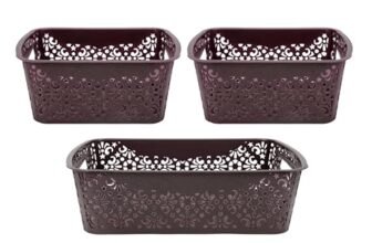 SIMPARTE Turkish Basket Small and Medium Plastic Organizer Durable with Handles for Kitchen, Wardrobe, Bathroom – Multipurpose for Clothes, Books, Toys (Set of 3, Brown)