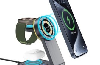 Promate Transfold 3 in 1 Wireless Charger, 23 W Foldable Magnetic Mag Safe Charger for iPhone 15/15 Plus/15 Pro/15 Pro Max, iPhone 14/14 Plus/14 Pro/Max, 13/12/11, Apple Watch, Air Pods, Black