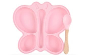 Bembika Baby Feeding Essential Baby Dinner Set Silicone Tableware Set for Baby Infant Training Eating Utensils Butterfly Design – (Pack of 2)(Baby Pink)
