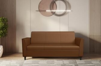 Interio by Godrej Emperor 3-Seater Synthetic Leather Sofa | 1-Year Warranty, Solid Wood, Toffee-Brown