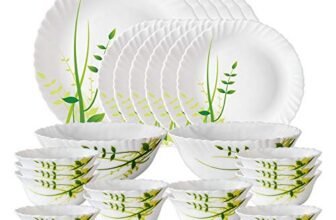 Larah by Borosil Green Herbs Opalware Dinner Set, 28 Pcs, White