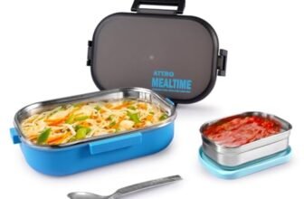 ATTRO Meal Time Stainless Steel Insulated Lunch Box with Small Container Airtight Leak-Proof Perfect for Office, School, Picnic, 800 ml – Sky Blue