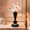 tu casa Modern Brilliance Black Metal Table Lamp for Home Decoration, Bedroom, Living Room, Lounge, Office, Festival Gifting, Study Table (Flower Print with Satin Shade) H – 17″ / No Blub