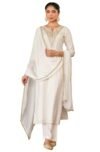 Janasya Women’s Off White Chanderi Silk Gold Zari Yoke Embroidered Straight Kurta Set(JAB25ST02849-S)