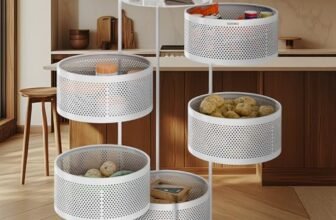 Amazon Brand – Solimo 360° Revolving Preassembled Portable 5 Layer Round Multipurpose Storage Kitchen Rack Carbon Steel Fruit Vegetable & Spice Trolley with Wheels for Kitchen Organizer(Matte, White)